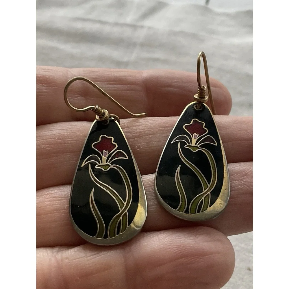 vintage 1980s Laurel Burch Wild Iris teardrop earrings Dangle Drop Enamel